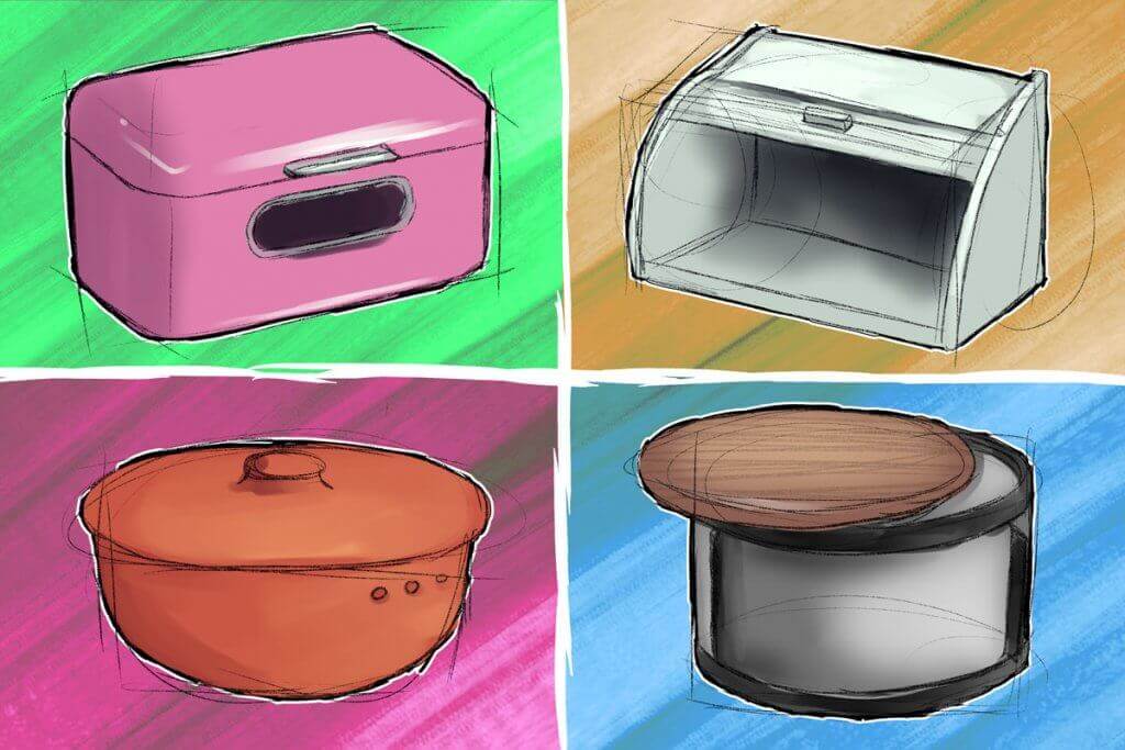 Clockwise: folding bread bin, rolling bread bin, bread drum, classic bread bin.
