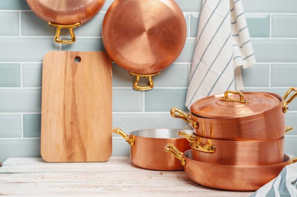 modern kitchen with copper pots