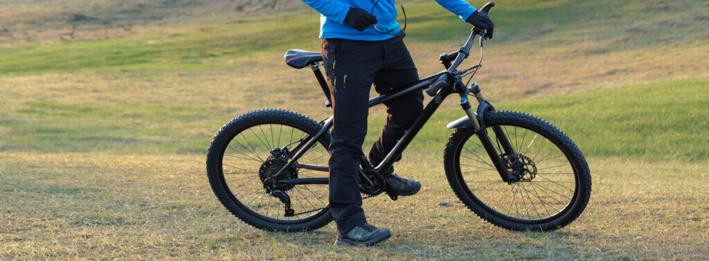 Hardtail mountain bike, the suspension is visible on the front fork