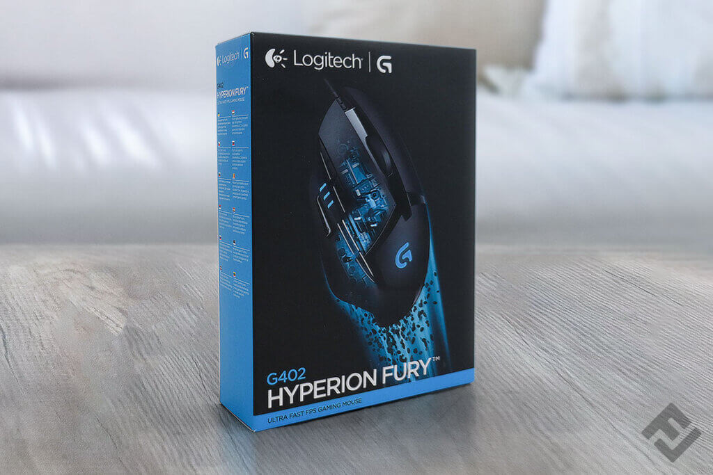 Box of a Logitech G402 Hyperion Fury on a table.