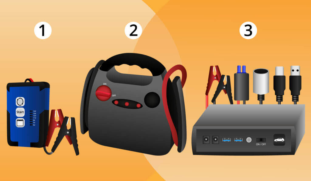 1) Compact jump starter, 2) Power Pack, 3) Jump starter with capacitor
