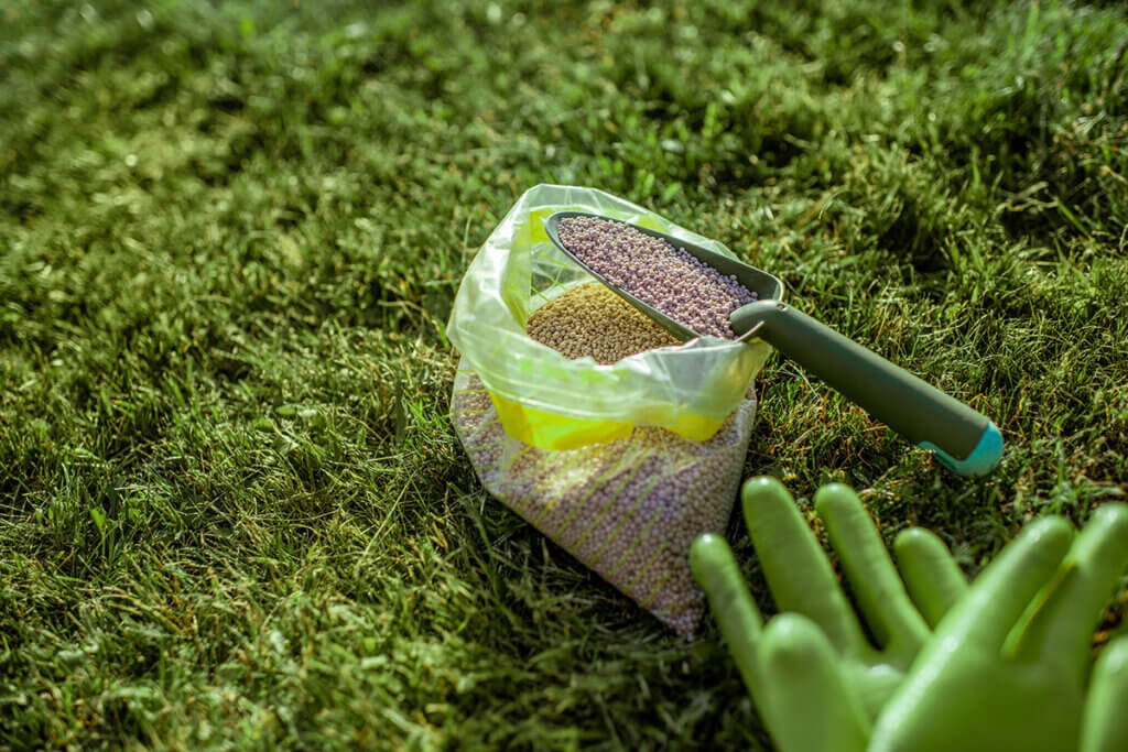 Lawn fertiliser granulate in plastic bag