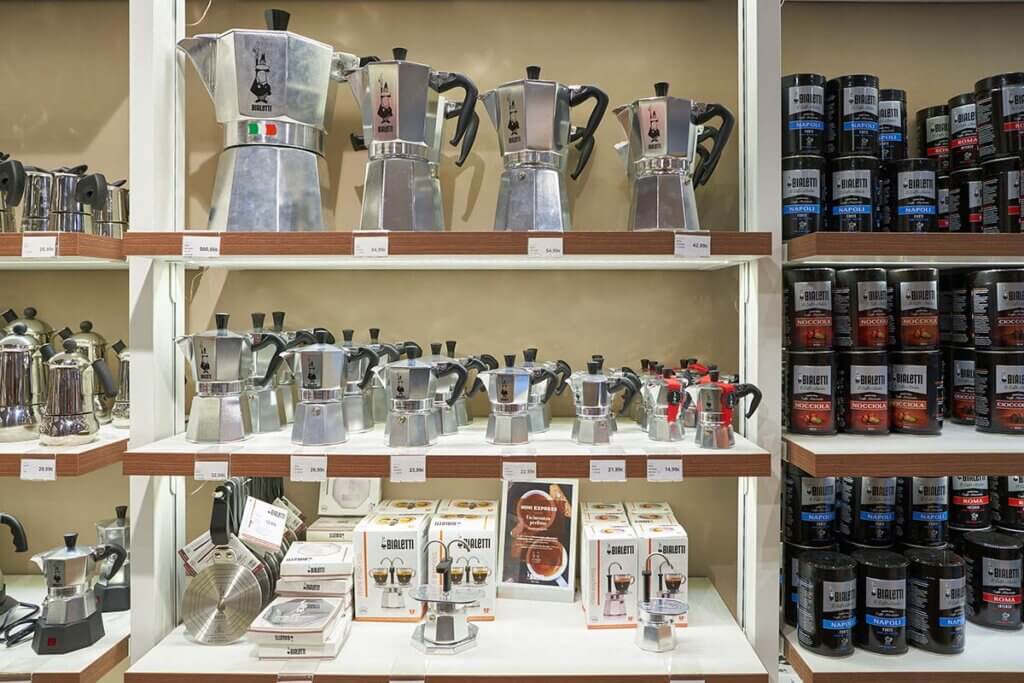 Shelf with different moka pots from Bialetti