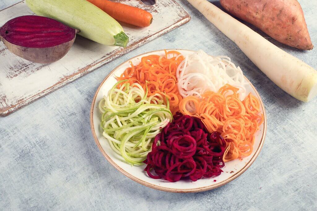 spiraliser various zoodles on a plate