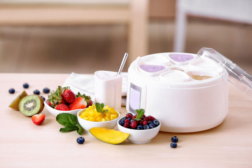 different ingredients next to yoghurt maker